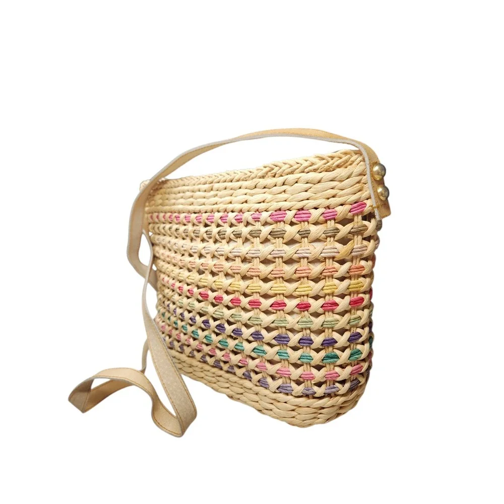 Vintage Rainbow Straw Raffia Woven Hobo Shoulder Bag Boho Coastal Cottage Y2K